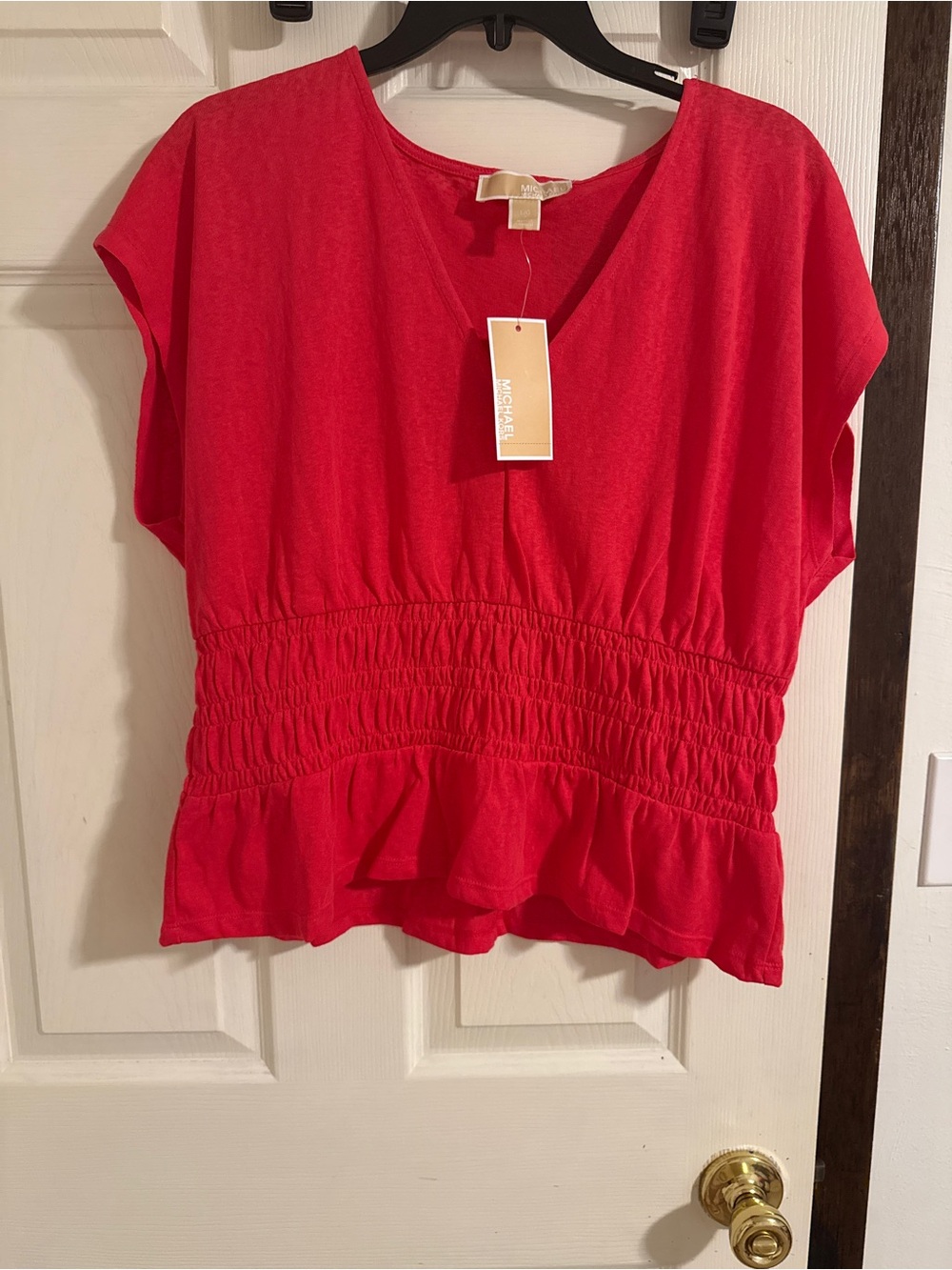 Michael Kors Bright Red V-Neck Smocked Waist Peplum Top